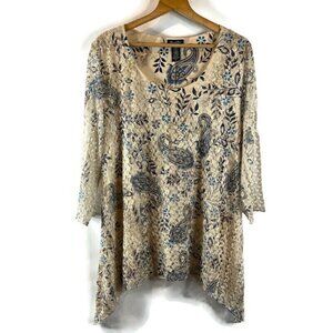 Bittany Black Womens Tunic Top Size 3X Crochet Overlay Cream Paisley  3/4 Sleeve